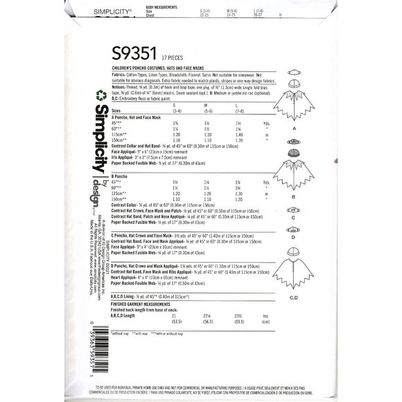 Simplicity S9351 Unisex Childrens S to L Poncho Costumes Uncut Sewing Pattern - Picture 2 of 2